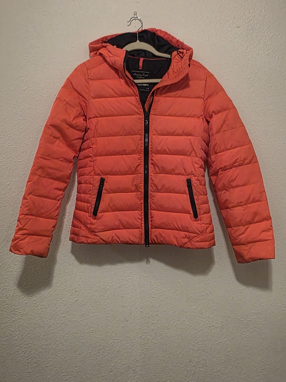 American Eagle Outfitters Goose Down Hooded Puffer Jacket - Orange & Navy Blue L